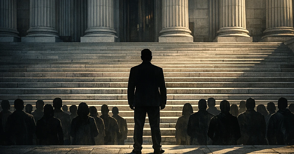 Silhouetted figure faces courthouse steps with crowd of silhouettes behind in dramatic lighting
