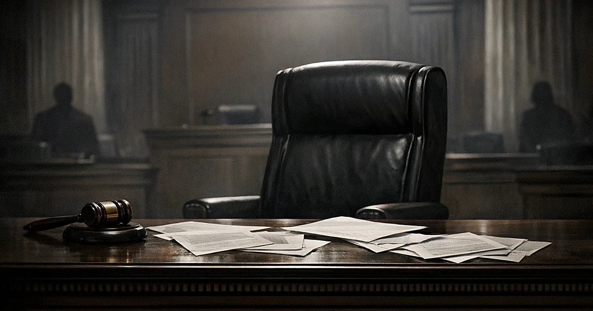 Empty judge's bench in darkened courtroom with overturned gavel and scattered papers suggesting judicial misconduct