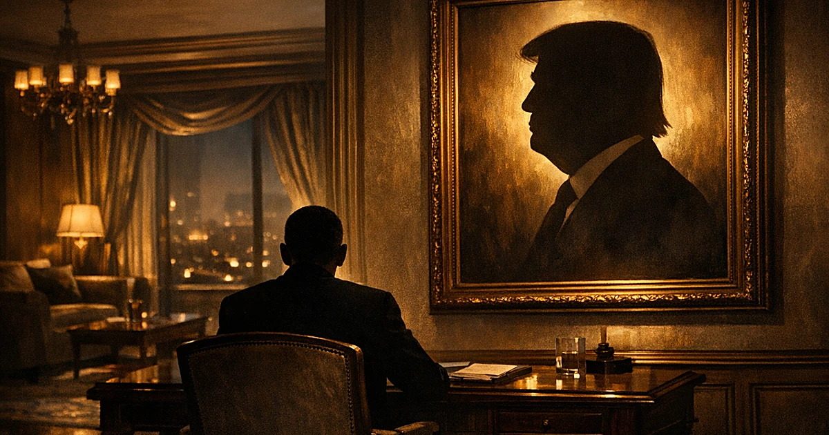 Silhouetted figure at desk in ornate suite with large portrait of another silhouette hanging on wall