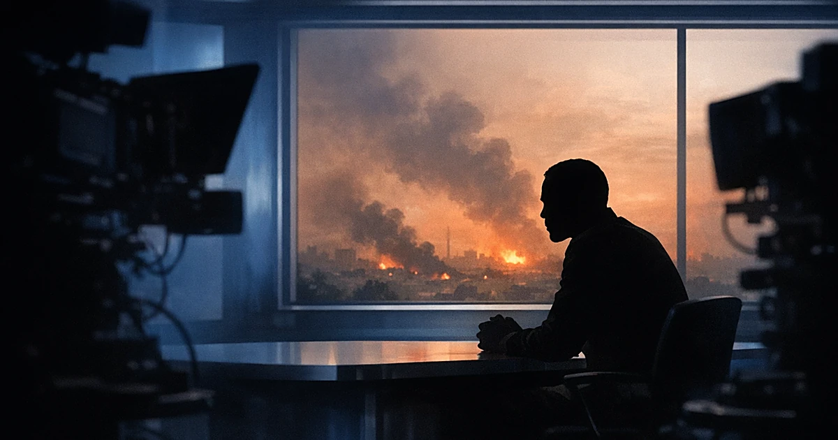 Silhouetted figure at interview desk in studio with hazy orange sky visible through window, camera equipment in foreground