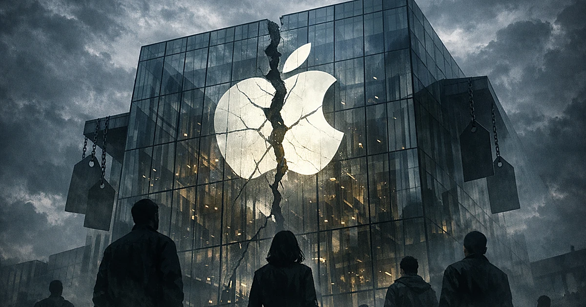 Cracked Apple store building with silhouetted figures observing, price tags hanging, under stormy sky