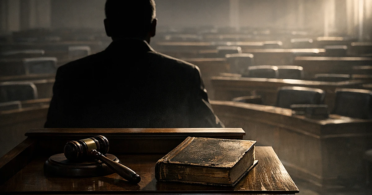 Silhouetted figure at podium in empty legislative chamber with gavel and old law book, dramatic side lighting