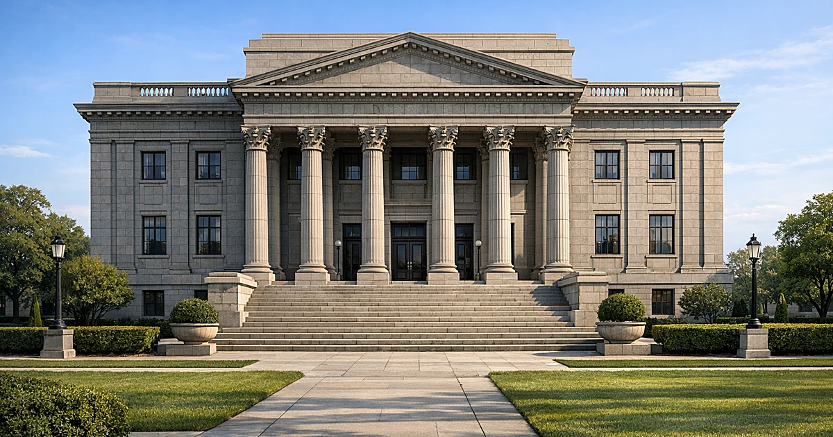 Classical courthouse building with columns under blue sky representing justice and legal system