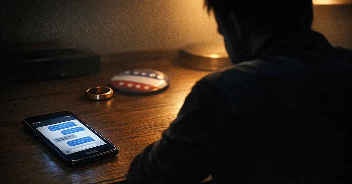 Smartphone with text messages on desk beside wedding ring and campaign button, silhouetted figure with back turned