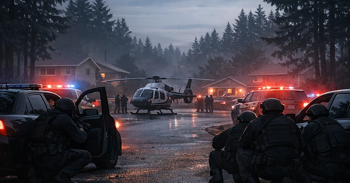Emergency vehicles with flashing lights on suburban street with officer silhouettes and medical helicopter at dusk