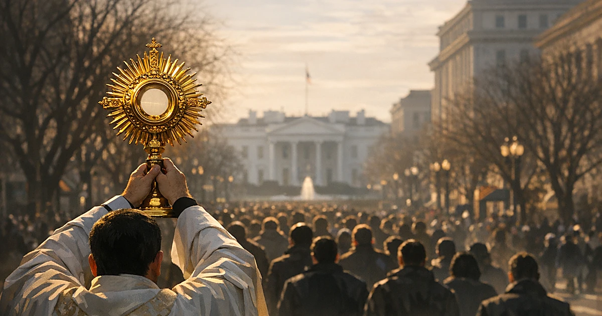 Golden monstrance held high leading silhouetted procession through tree-lined urban street