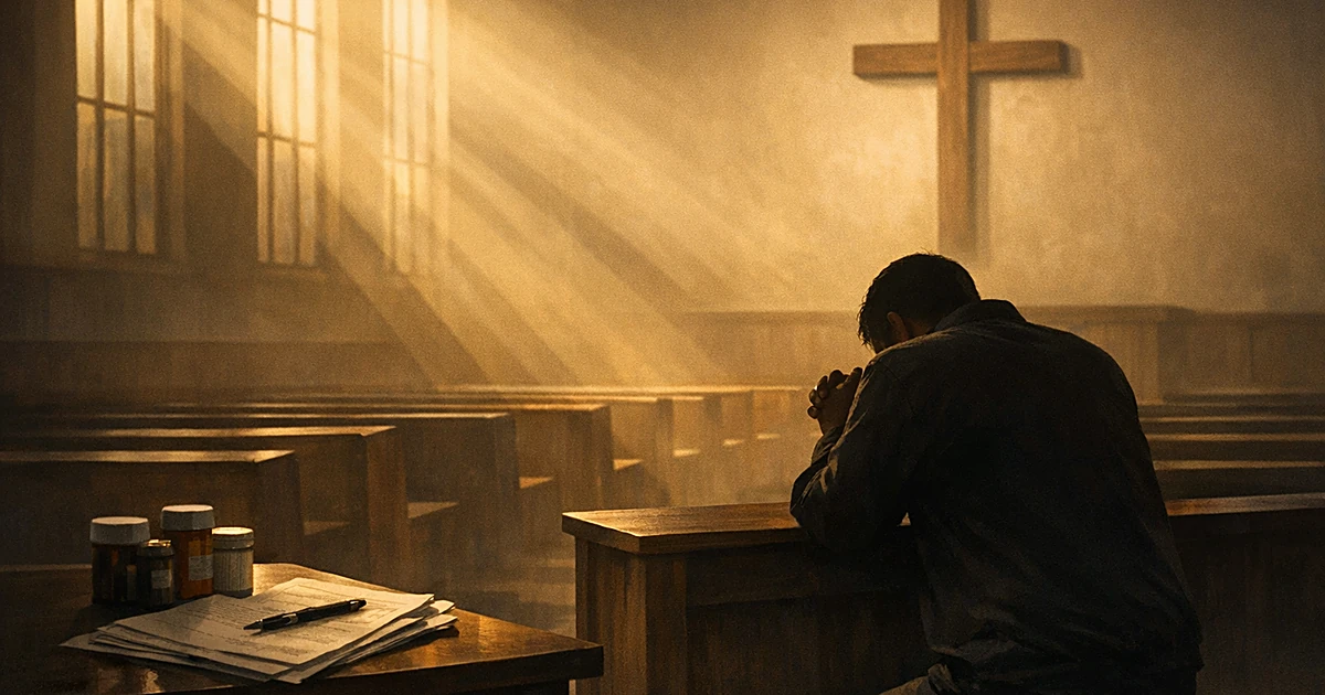 Person kneeling in prayer in church sanctuary with medical items set aside, facing wooden cross in golden light