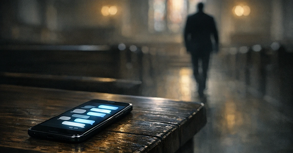 Illuminated smartphone with text messages on church pew as silhouetted figure walks away in background