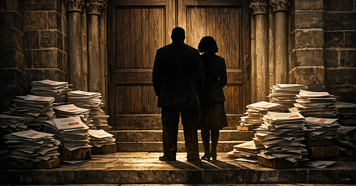 Silhouetted person at church entrance surrounded by stacks of stamped documents on steps