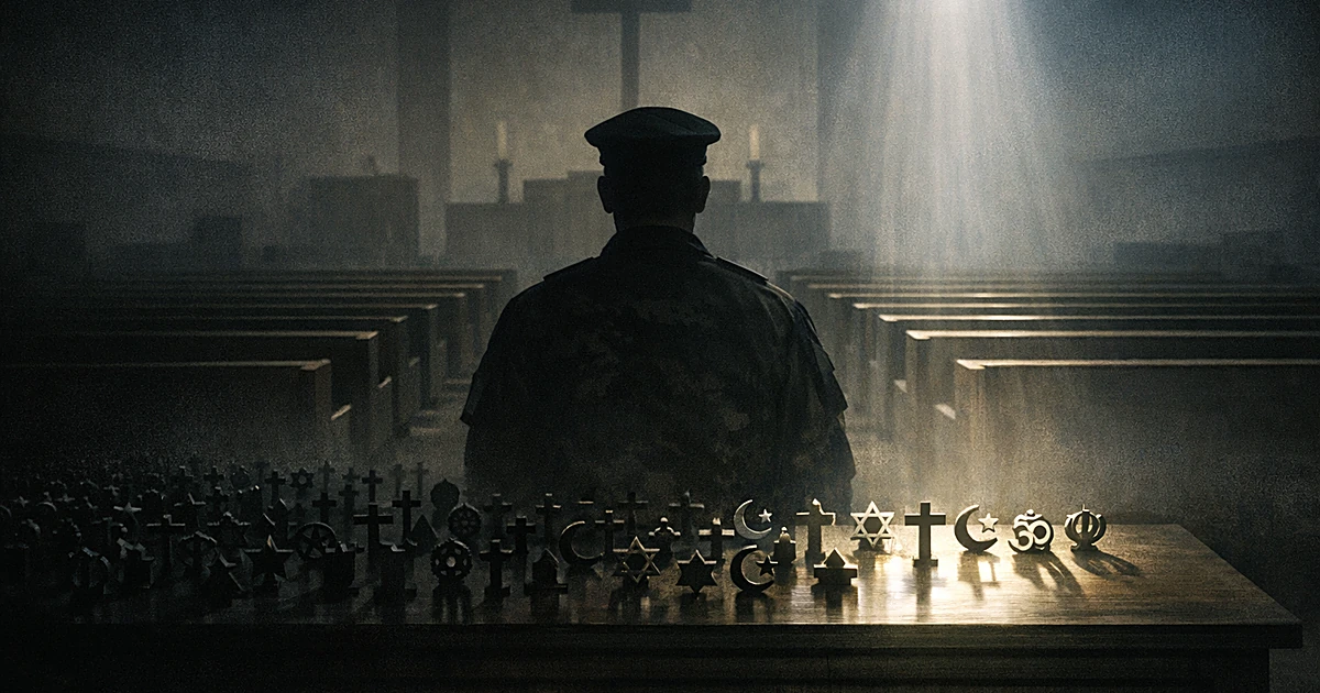 Military chapel interior showing silhouetted chaplain with religious symbols, most fading into shadow while few remain lit