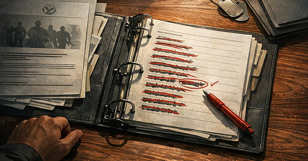 Overhead view of military personnel documents being revised with crossed-out entries and corrections on a desk
