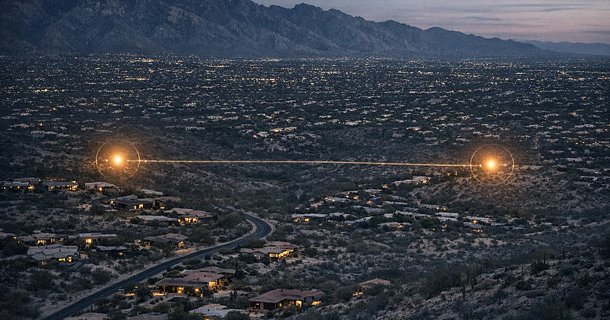 Aerial view of Tucson suburban area at dusk with two locations marked by glowing circles connected across desert terrain