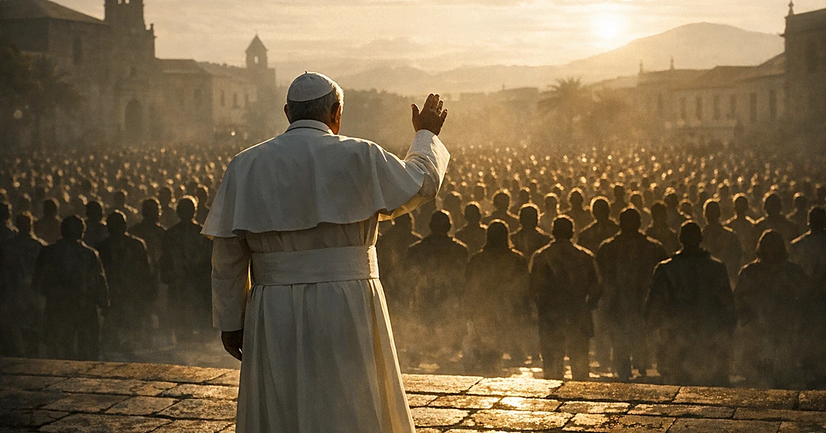 Pope in white robes seen from behind addressing crowd of silhouetted figures in plaza with dramatic lighting