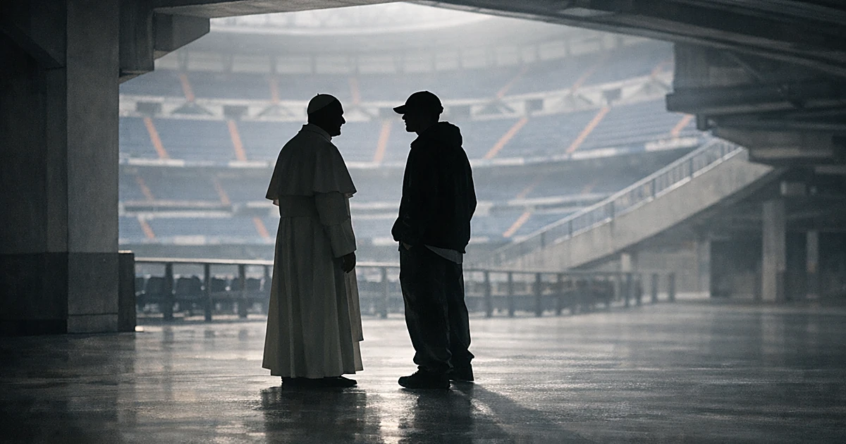 Two silhouetted figures meeting in an empty modern stadium, one in white robes, one in casual clothing