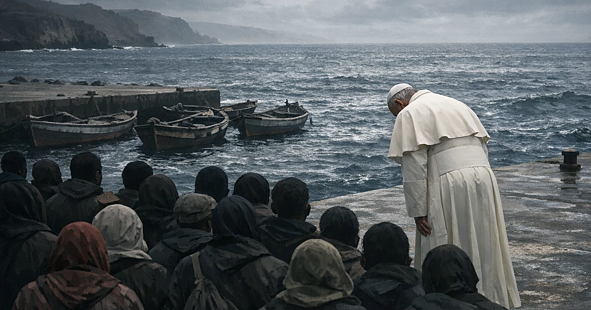 Pope in white robes from behind addressing silhouetted crowd at port with boats and ocean waters
