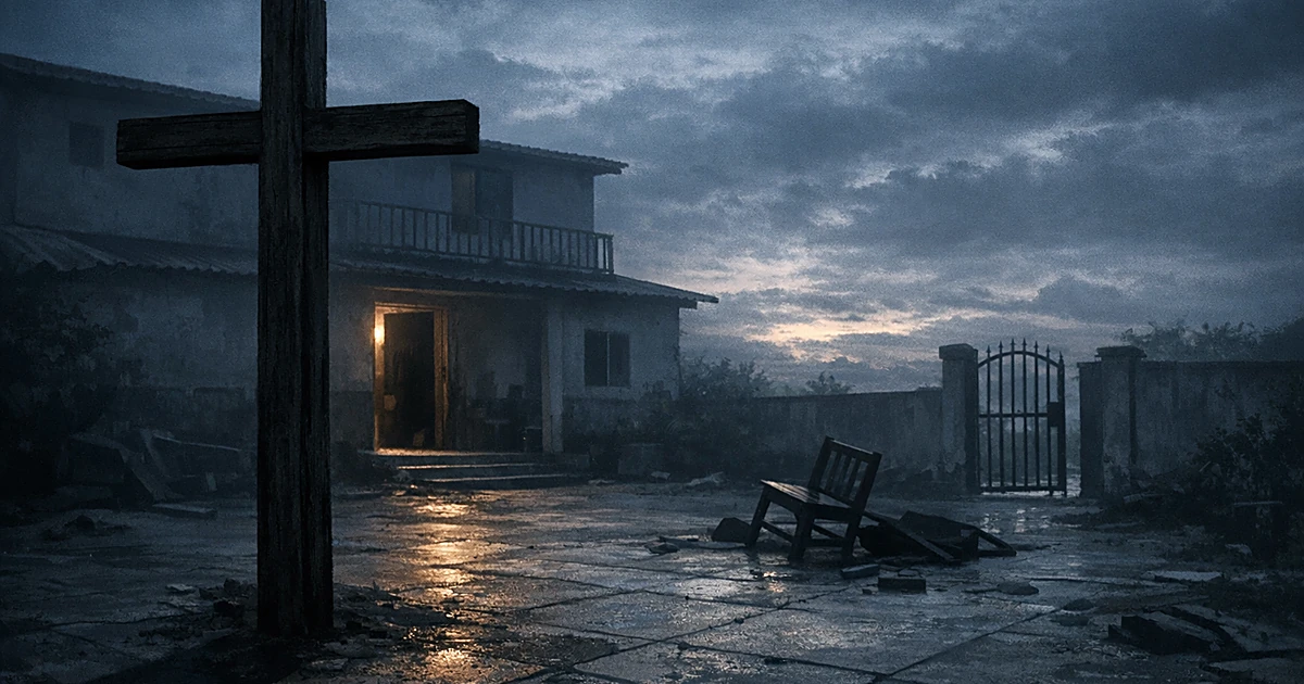A wooden cross casts a shadow near a residence with an open doorway at dawn, suggesting violence and mourning
