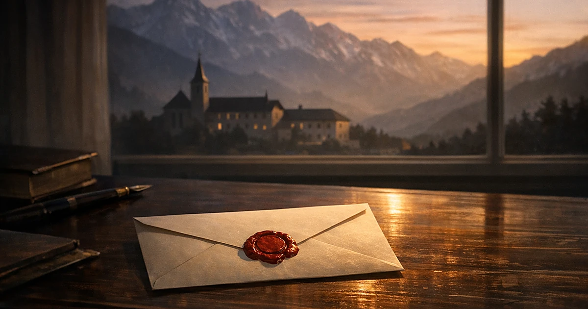 Sealed papal letter on desk with distant seminary building silhouetted against Swiss mountains at dusk