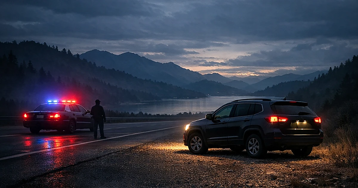 SUV with headlights on parked on highway shoulder at dusk with patrol car lights reflecting on pavement