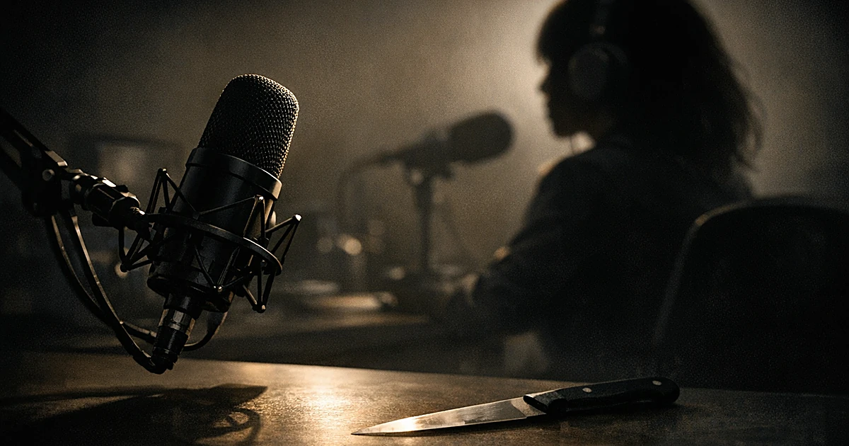 Podcast microphone in spotlight with silhouetted figure in dark studio background