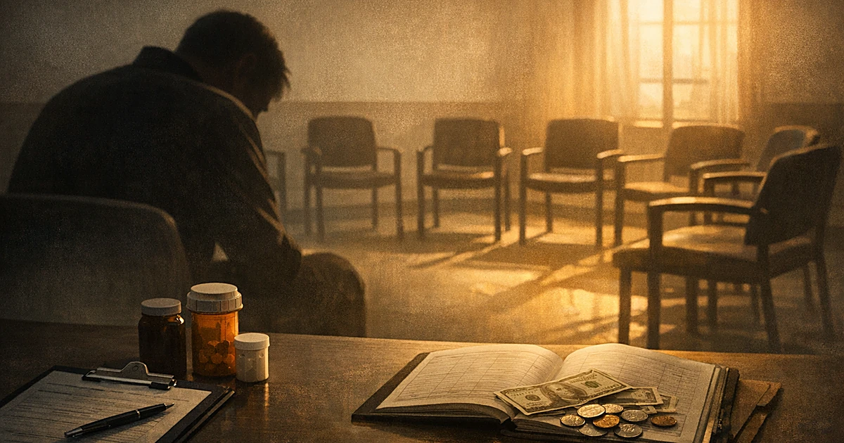 Silhouetted person in counseling room with empty chairs, medical items and money on table representing recovery funding