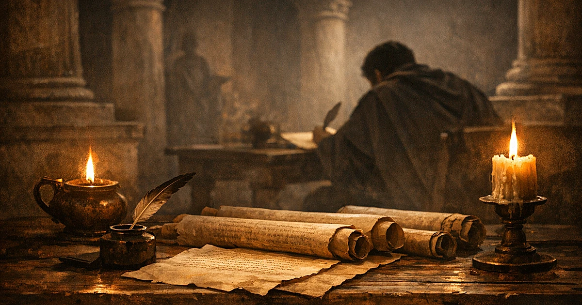 Ancient Roman desk with scrolls and a silhouetted figure writing by candlelight among stone columns