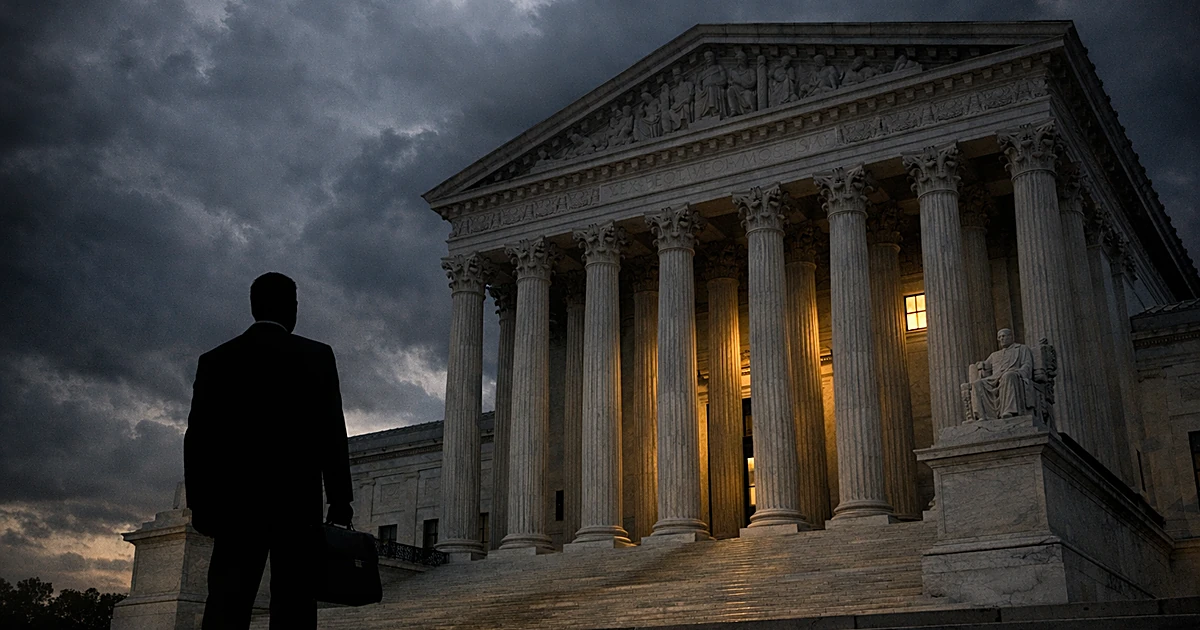 Silhouetted figure with briefcase stands before Supreme Court columns under stormy sky at dusk