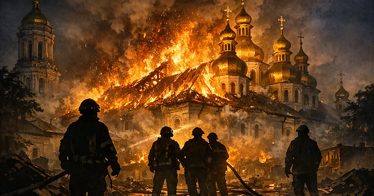 Orthodox cathedral with golden domes burning at night as silhouetted emergency responders work in foreground