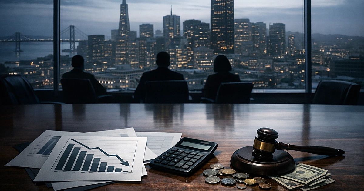 Aerial view of boardroom table with financial documents and calculator, San Francisco skyline silhouette visible through wind