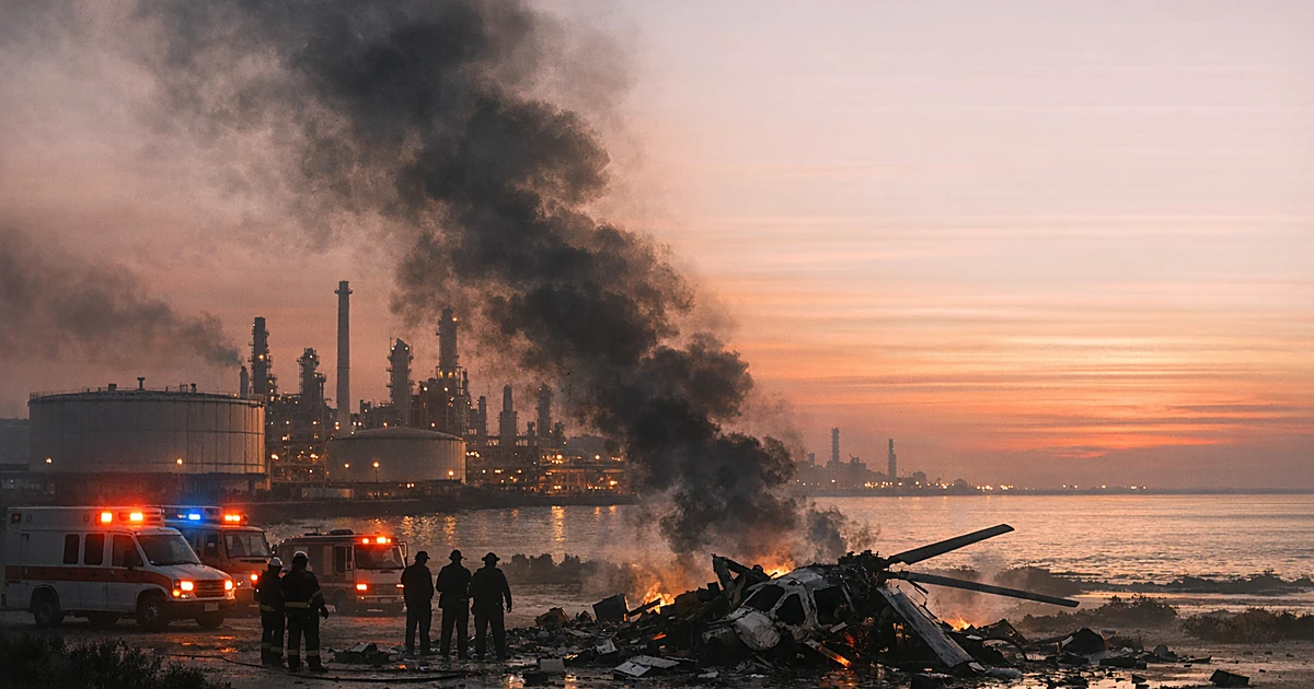 Emergency vehicles at dawn near helicopter wreckage at an oil refinery facility with storage tanks and coastal waters