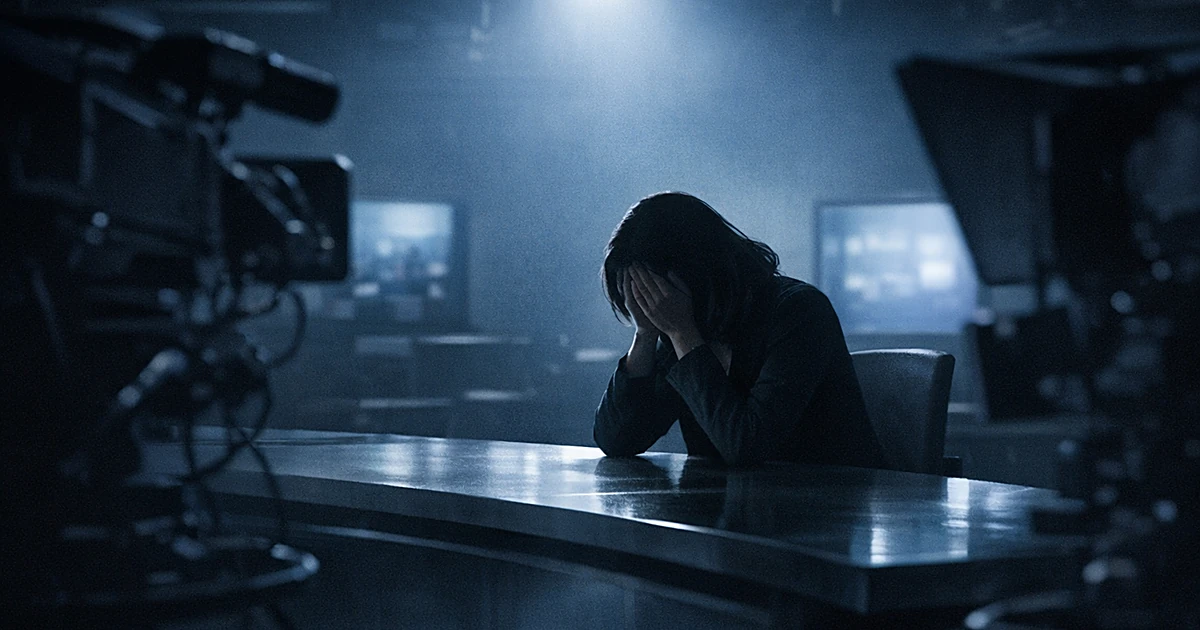 Silhouetted figure at studio desk with head bowed in grief, surrounded by camera equipment in dim lighting