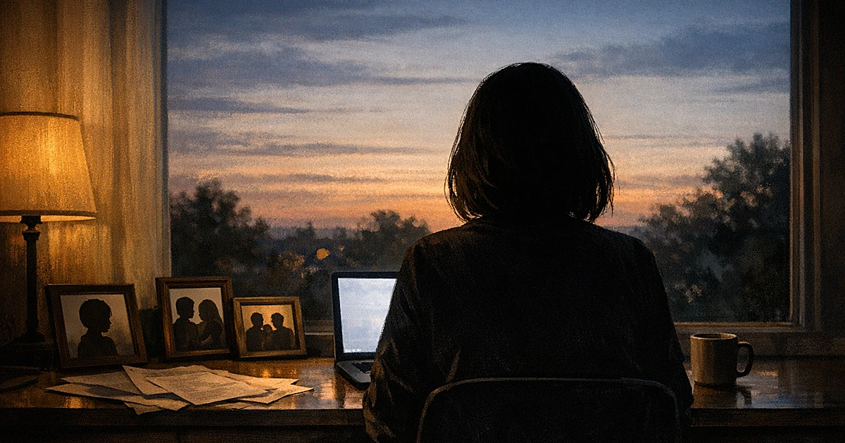 Silhouette of person at desk with laptop, framed photos, and window showing dusk light in home office setting
