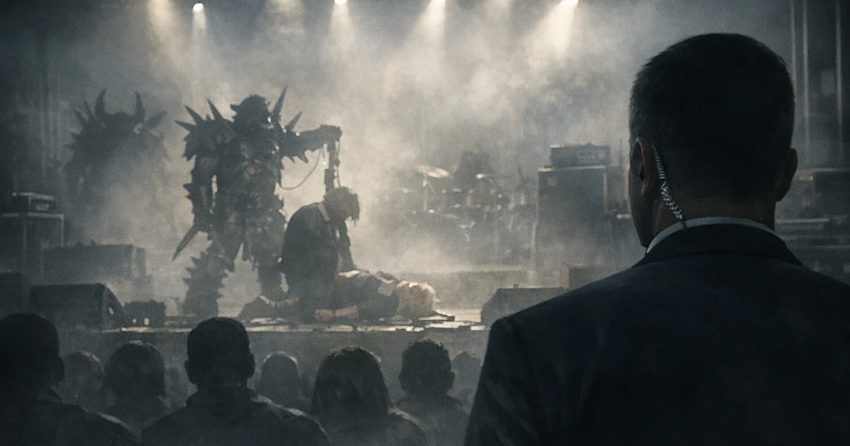 Silhouetted concert audience facing a fog-filled stage with a suited figure observing from the foreground