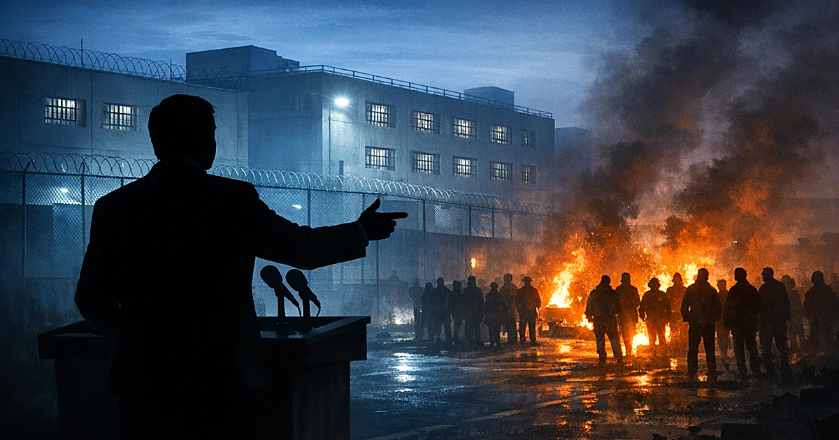 Silhouetted speaker gestures toward detention facility while fires burn in street behind, creating contrast