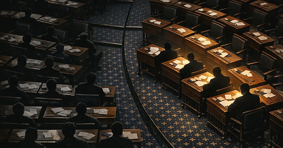 Overhead view of empty legislative chamber with four illuminated desks separated from others, showing political division
