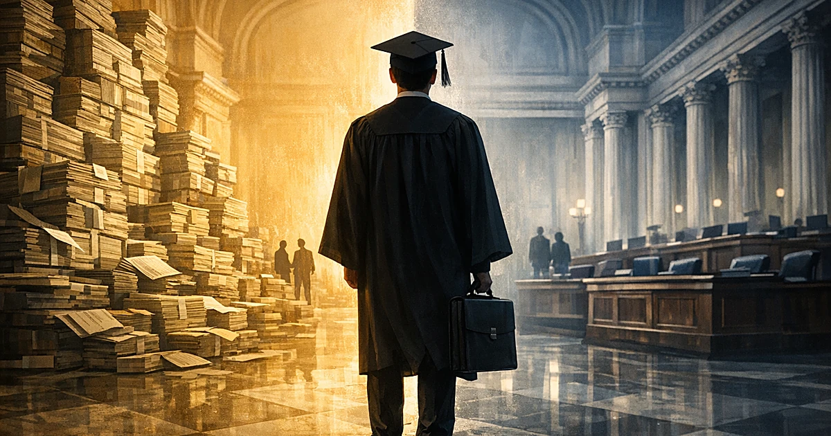 Graduate in robes from behind stands between towering money stacks and legislative chamber columns in split lighting