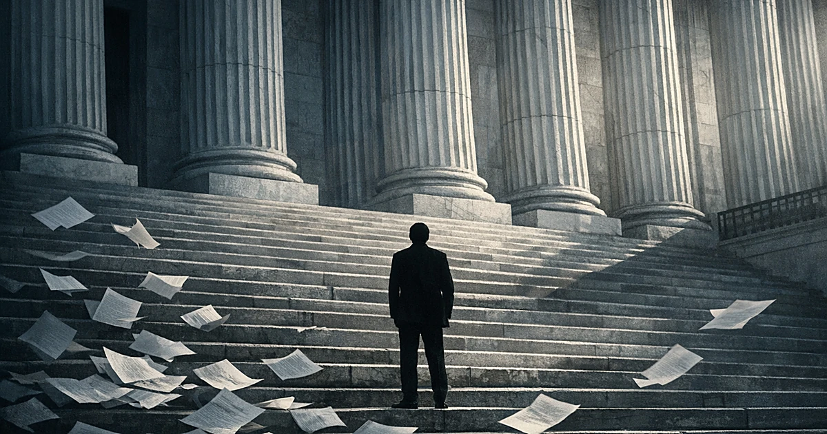 Silhouetted person at base of courthouse steps with scattered papers, towering columns above casting shadows