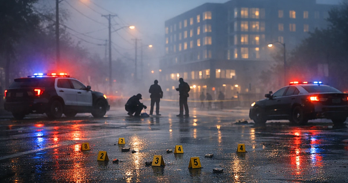 Police vehicles with flashing lights on empty urban street at dawn with evidence markers on pavement