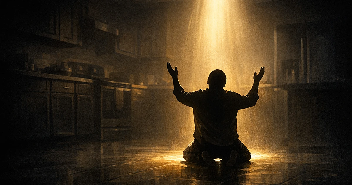Silhouetted figure kneeling on kitchen floor with arms raised toward beam of light from above in darkened room