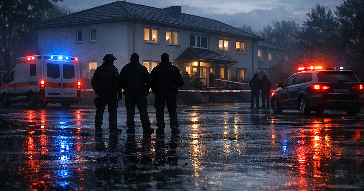 Emergency vehicles with flashing lights outside a residential care facility building at dusk with responder silhouettes
