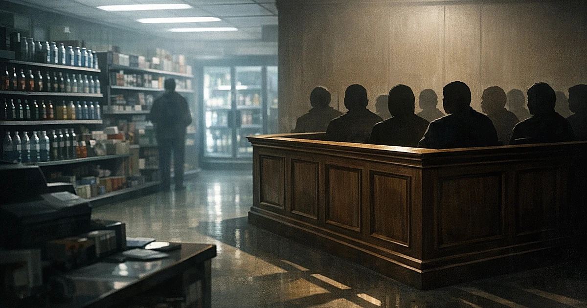 Convenience store counter with jury box silhouette in foreground, showing contrast between retail space and courtroom