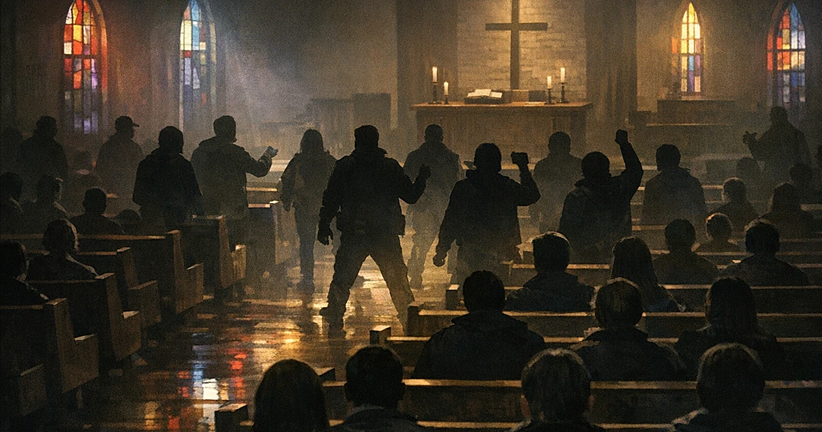 Silhouetted figures standing in church aisle among seated worshipers, disrupting service in dimly lit sanctuary