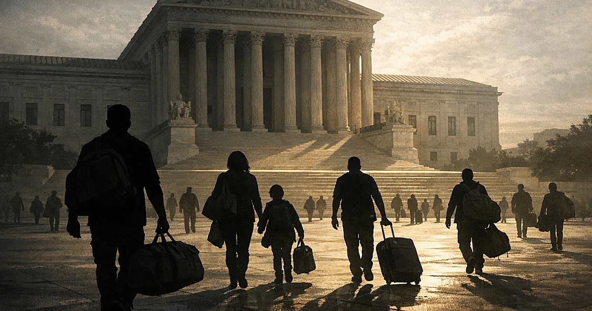 Silhouetted figures with luggage walk away from an imposing courthouse building casting shadows across a plaza