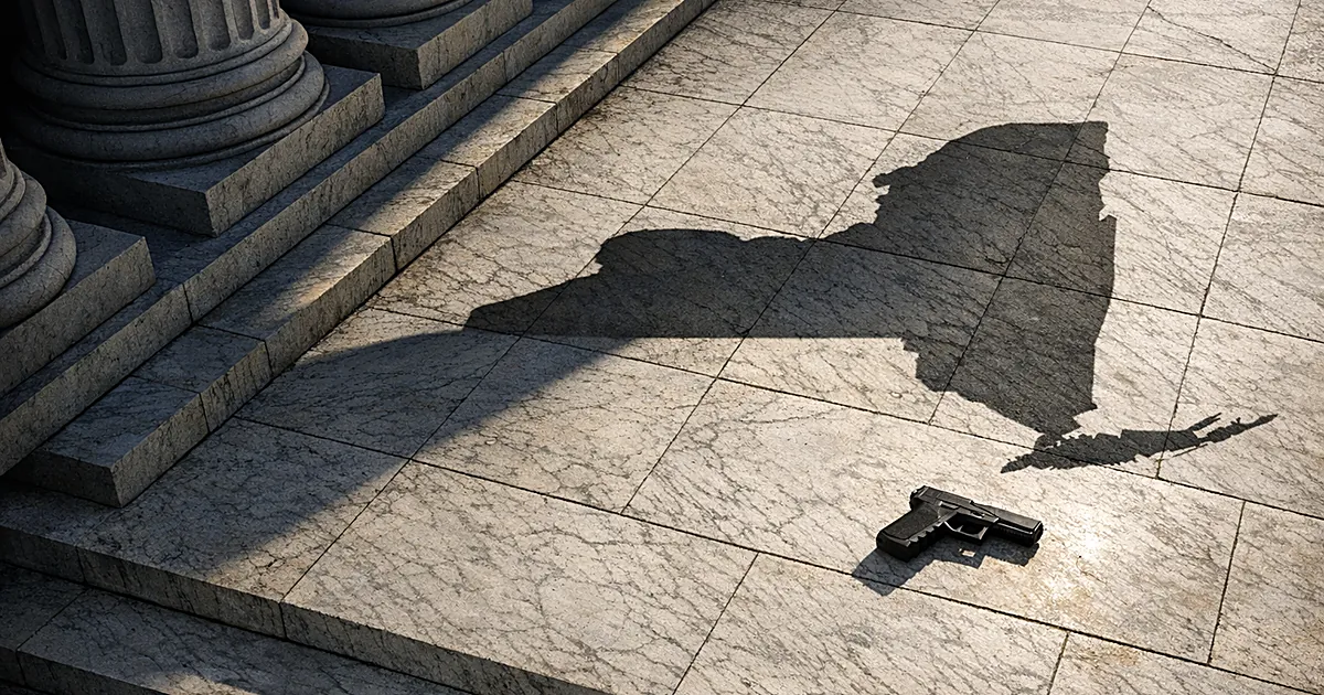 Overhead view of courthouse steps with firearm and New York state shadow cast across marble surface