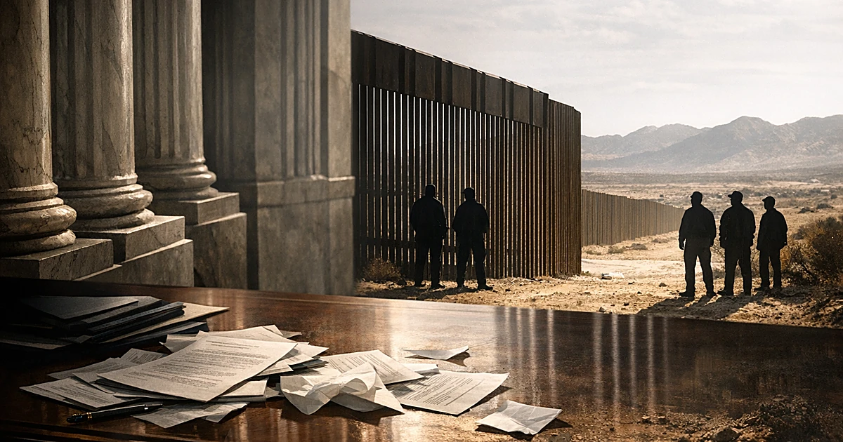 Border barrier dividing desert landscape with silhouettes on either side, courthouse columns and scattered documents in foreg