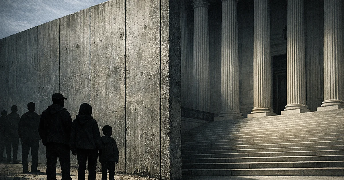 Silhouetted figures face a concrete wall barrier with a government building entrance visible on the opposite side