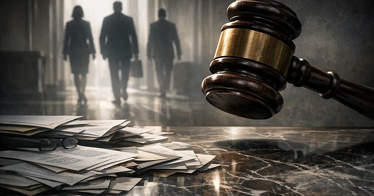 Gavel descending over desk with scattered papers as silhouetted figures walk away through doorways in dramatic lighting