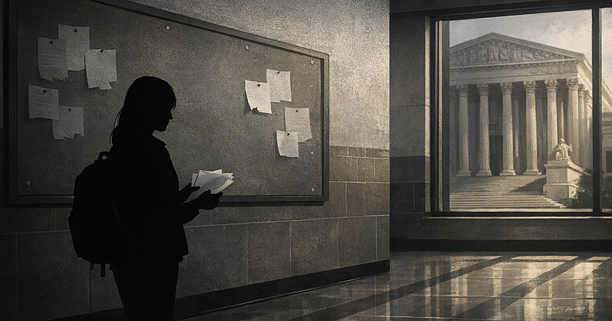Silhouette of student holding papers before bulletin board with courthouse visible through window in school hallway