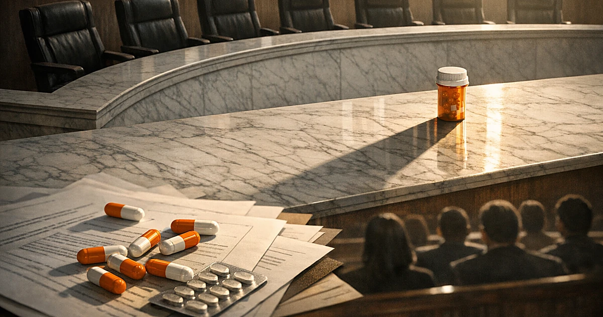 Empty Supreme Court bench with pharmaceutical pills and documents casting shadows across the marble surface
