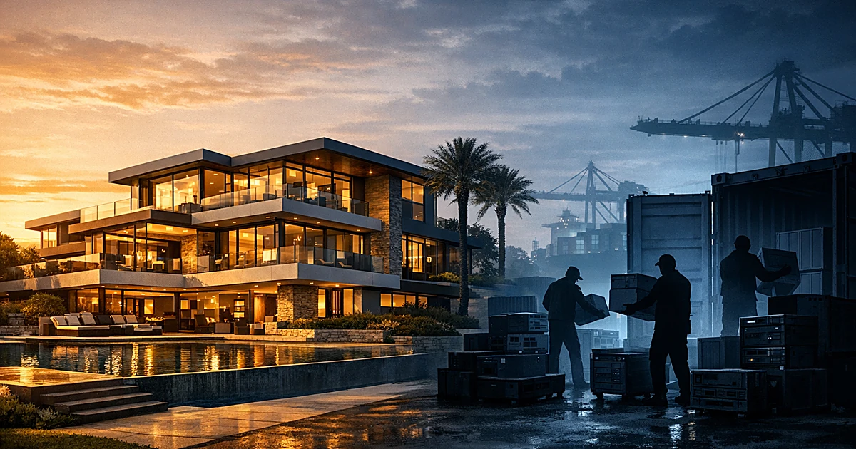 Luxury mansion in foreground with silhouettes loading tech equipment into shipping containers in shadowy background