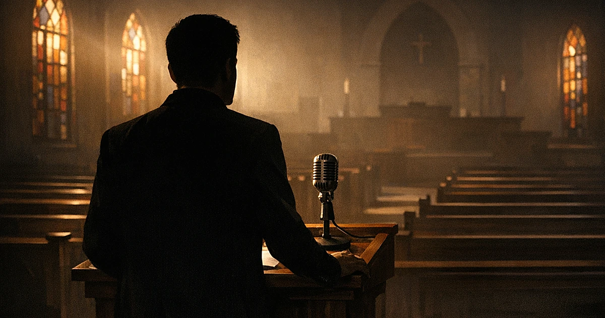Silhouetted figure at podium in church sanctuary with empty pews and stained glass light